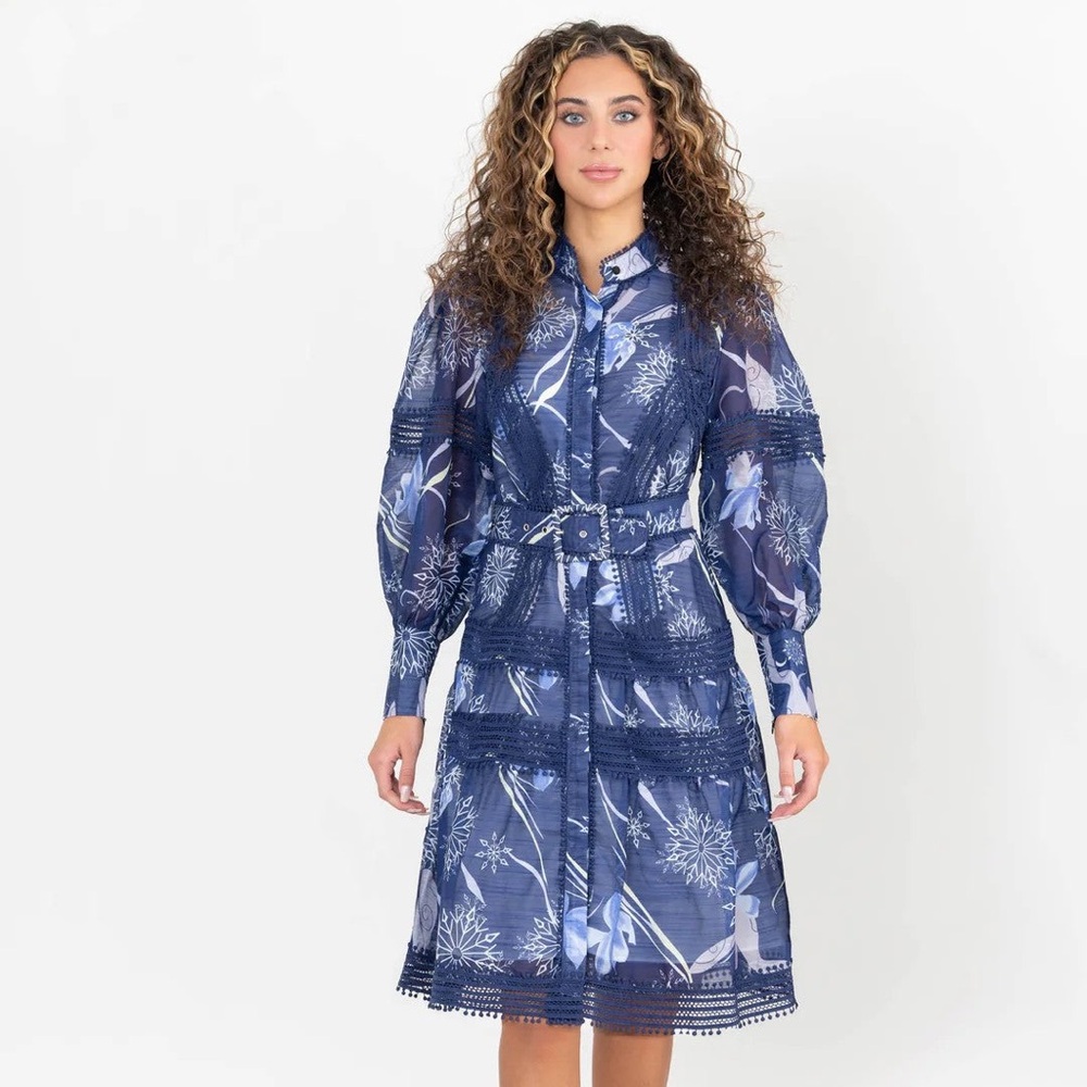 Front Row Blue and White Floral Longsleeve Puffsleeve Dress with Belt Lace